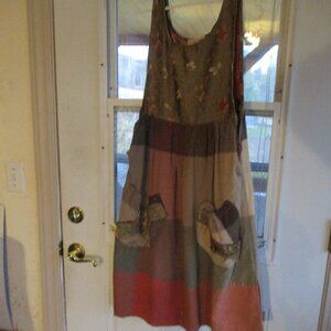 Pinafore/Apron/ Over- dress upcycled linen tablecloth and brocade